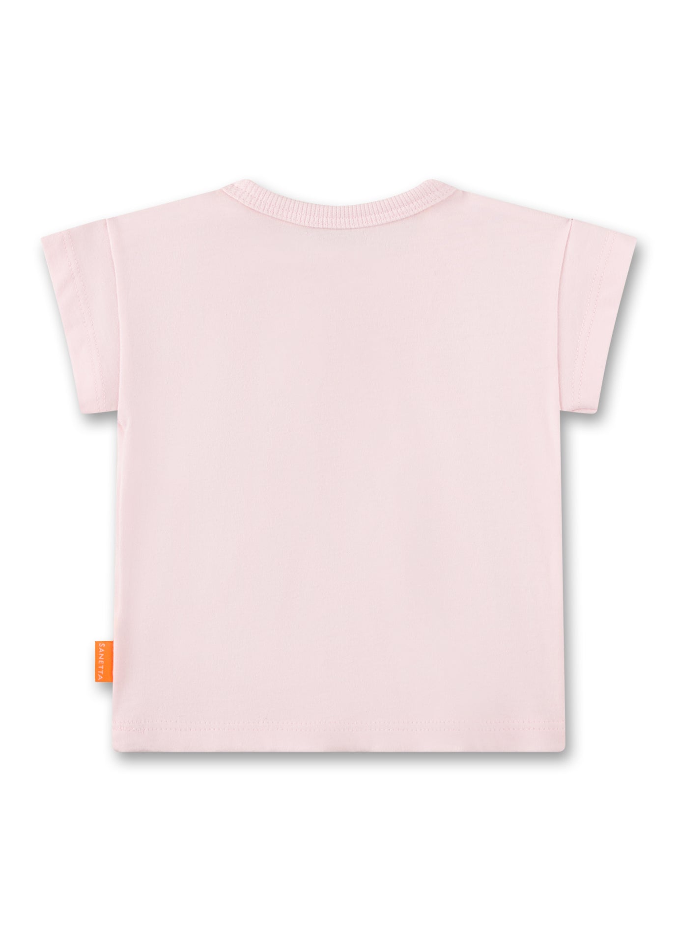 T-Shirt in Hellrosa mit einem Apfel-Stickmotiv vorne mittig in der Kontrastfarbe Orange von Sanetta