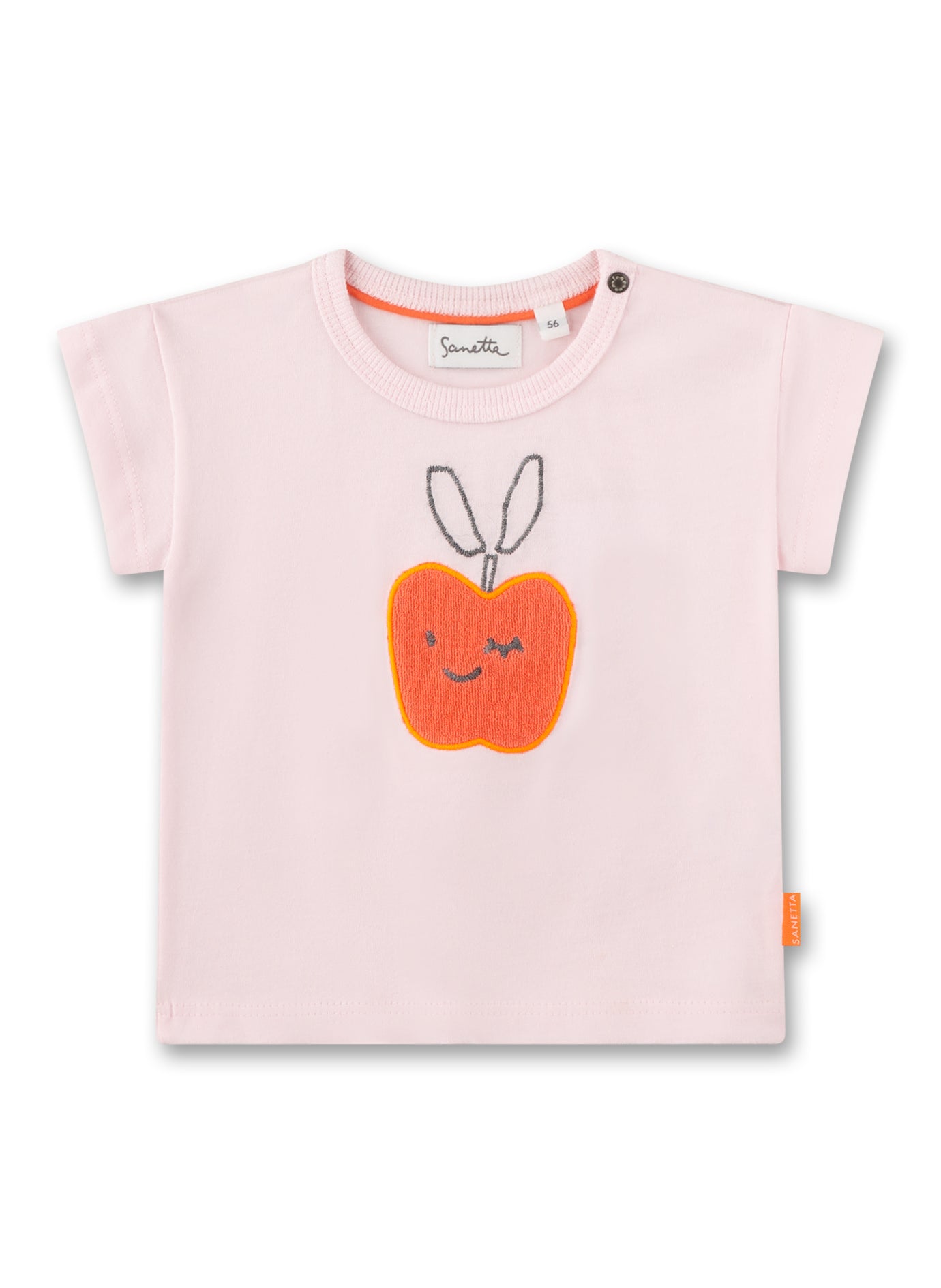 T-Shirt in Hellrosa mit einem Apfel-Stickmotiv vorne mittig in der Kontrastfarbe Orange von Sanetta