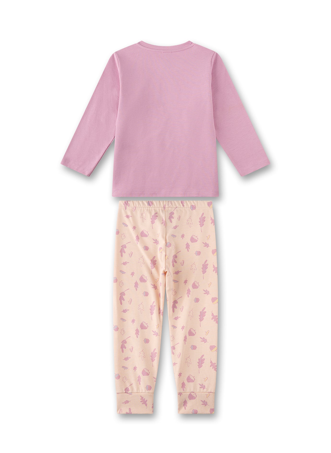 Hübscher Mädchen-Schlafanzug mit einem Eichen-Allover auf der Hose und einem einfachen Basic-Langarmshirt im zarten Rosa mit passendem Eichhörnchen Druck.