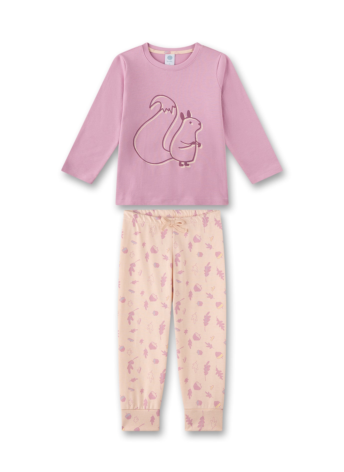 Hübscher Mädchen-Schlafanzug mit einem Eichen-Allover auf der Hose und einem einfachen Basic-Langarmshirt im zarten Rosa mit passendem Eichhörnchen Druck.