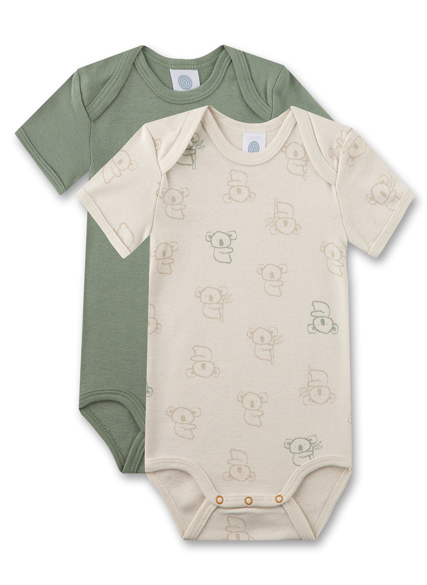 Baby-Bodys im Doppelpack von Sanetta in zartem Beige mit einem knuffigen Alloverprint aus kleinen Koalas und in Grün