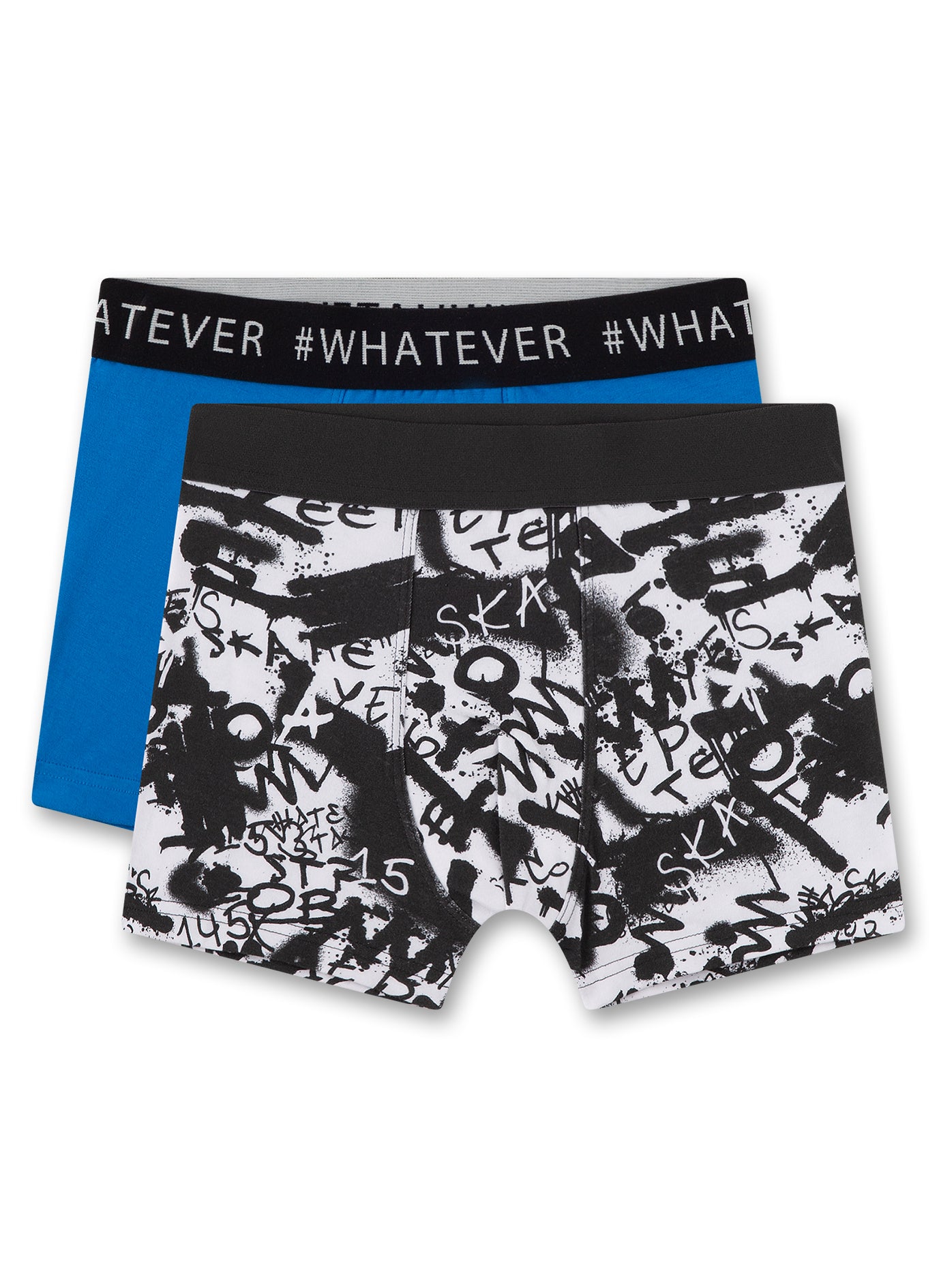 Coole Hipshorts im Doppelpack für Jungen mit jugendlichem Graffiti-Alloverprint und in Blau von Sanetta